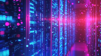 Aufkleber - Vibrant data center corridor filled with glowing blue and pink servers and floating light particles, symbolizing futuristic cloud computing and digital network systems
