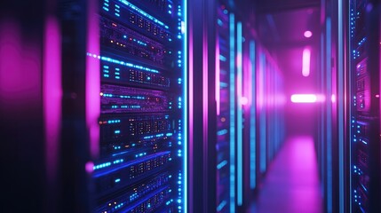 Aufkleber - Futuristic data center hallway with illuminated blue and pink server racks glowing under neon lighting, representing digital infrastructure and high-speed computing