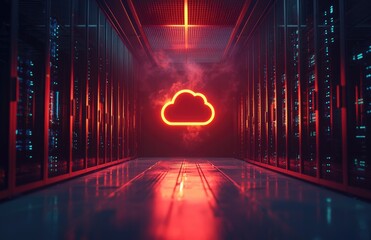 Poster - Futuristic server room with glowing red cloud icon representing cloud computing, surrounded by rows of illuminated data racks in a high-tech digital environment