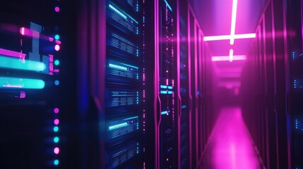 Poster - Neon-lit data center corridor with glowing blue and pink server racks, showcasing modern server technology, high-performance computing, and digital infrastructure