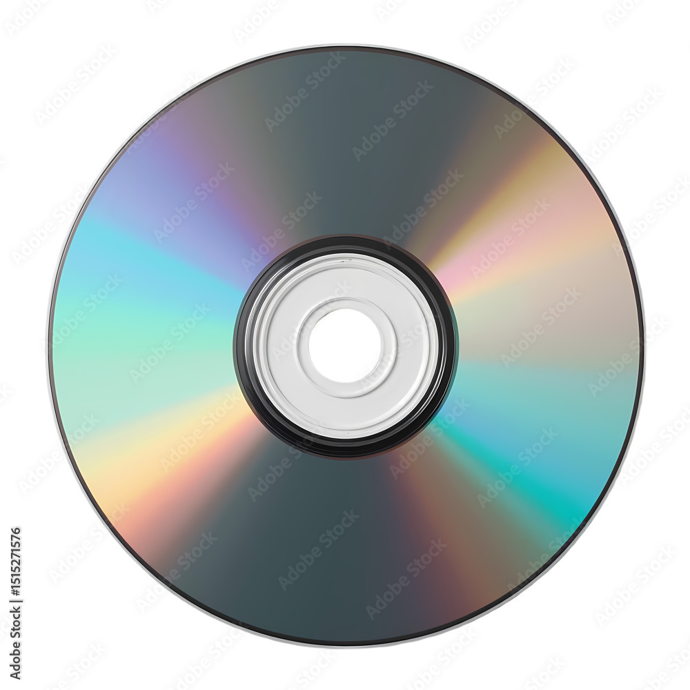 Isolated compact disc showing rainbow reflection and central hole plain ...