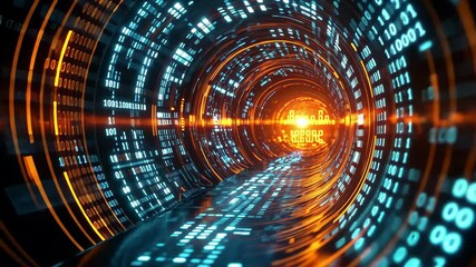 Poster - Futuristic digital tunnel illuminated by blue and orange light patterns, 3D futuristic digital tunnel with blue and orange binary code