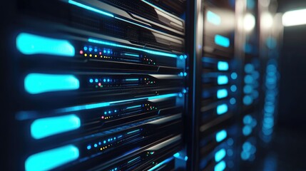 Poster - 3D rendering of high-tech data servers glowing with blue lights in a modern server room, representing advanced cloud computing and digital infrastructure systems