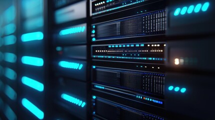 Aufkleber - Close-up 3D rendering of modern data servers with glowing blue lights and detailed hardware panels, symbolizing cloud computing, digital infrastructure, and secure networking