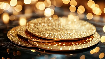 Poster - Glittering gold coasters adorned with sparkling bokeh in a lively setting for memorable gatherings, Glittering bokeh effect background with sparkling golden coasters in soft focus