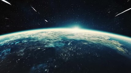Poster - Stunning view of Earth surrounded by shooting stars against the cosmic backdrop, Earth view from space with falling stars video in background