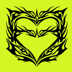 Poster - Vector illustration of a black heart framed by sharp, abstract cyber sigilism and neo tribal shapes on neon yellow, capturing the bold, trendy Y2K and cyber-inspired digital art style of today.