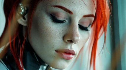Poster - Cyborg woman with striking red hair poses thoughtfully near a window, Beautiful female cyborg with red hair