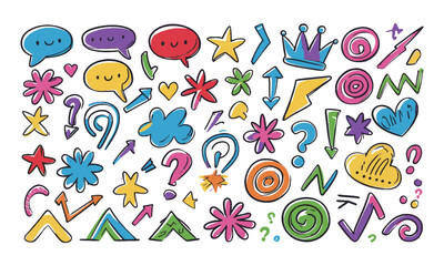  A vibrant and playful hand-drawn doodle set in modern vector style, feature a variety of simple and colorful sketch elements including speech bubbles, crowns, stars, arrows, easily editable.
