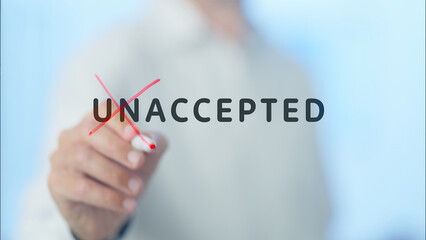Poster - Businessman writing and crossing out the word unaccepted on a transparent board, changing its meaning and suggesting a shift towards acceptance and inclusion