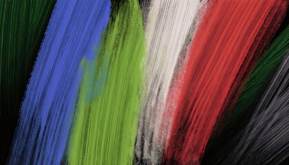 Poster - vivid abstract paint strokes in green, yellow, blue, white, and red on black background for modern web design, poster art, branding accent, or expressive print media backdrop

