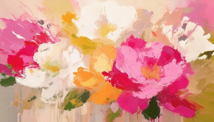 Poster - vivid abstract floral oil painting with pink, white, orange blossoms and lush brushstrokes for wall art, print, branding, or web design


