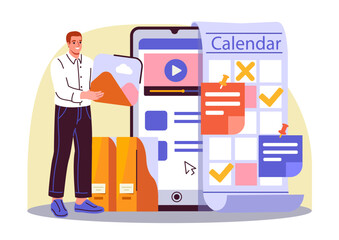 Poster - Man organizing content with a calendar and smartphone interface, modern flat graphic style, on white background. Concept of digital content planning. Vector illustration