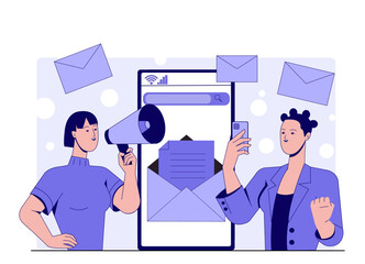 Poster - Two people using mobile and megaphone near giant smartphone with envelopes, minimal flat style on light background, concept of communication and promotion. Vector illustration
