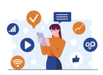 Aufkleber - Woman using a digital tablet with stylus surrounded by various digital communication and business icons on light abstract background. Concept of technology use. Vector illustration
