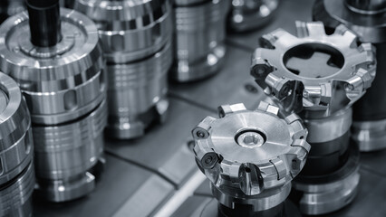 Poster - Milling metal cutter tools for CNC machine, dustrial design background, engineering technology concept