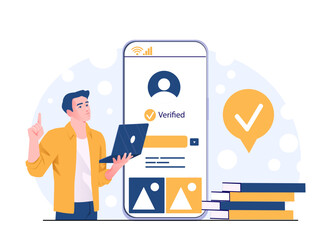 Poster - Man with laptop next to large smartphone screen showing verified account login, flat style, white background, concept of digital identity verification. Vector illustration