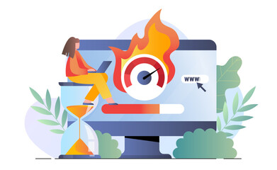 Aufkleber - Woman with laptop on hourglass beside monitor showing speed meter with flame and loading bar, on white background. Concept of web performance. Vector illustration