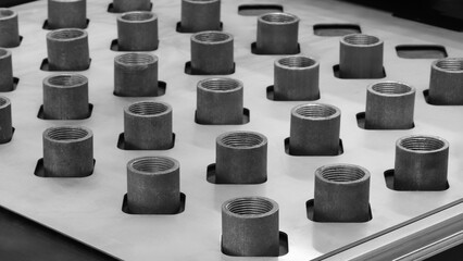Aufkleber - Metal round parts with internal threads stand in rows on a metal table in an industrial plant