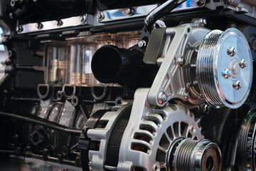 Aufkleber - A close up of a car engine with a lot of detail. The engine is a complex piece of machinery with many parts and components. Concept of awe and admiration for the engineering and design of the engine