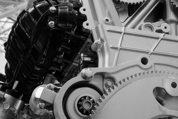 Aufkleber - Close up of car engine with starter motor and flywheel gear, auto service concept background.