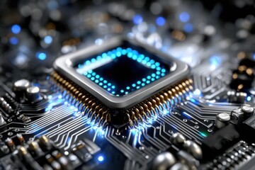 Poster - Close-up view of computer processor on circuit board with glowing connections and intricate details