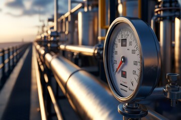 Poster - Pressure gauge monitoring industrial pipes at sunset in a refinery