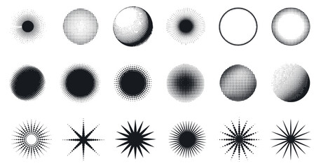 Poster - Collection of Abstract Halftone Vector Elements Circles Stars and Spheres in Black and White Graphic Design Resources for Creative Projects
