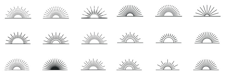 Poster - Collection of Minimalist Sun Icons Sunrise and Sunset Logo Elements Boho Style Vector Illustration of Various Sunbursts Isolated on a White Background