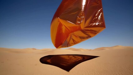 Poster - Orange inflatable cube falling on sand dunes
