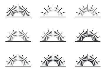Poster - Collection of Nine Sunburst Graphic Elements with Varying Line Densities and Lengths Isolated on White Background Perfect for Logos and Design Projects