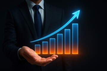 Poster - Holding Growth: Businessman in dark suit presenting holographic bar graph with rising arrow, symbolizing growth and success in business.