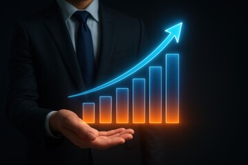 Poster - Business Growth Display: A smartly dressed individual presents a vibrant bar graph, dynamically illustrating the impressive upward trajectory of financial progress, symbolized by a shining arrow.