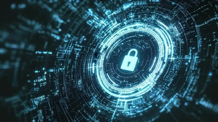Aufkleber - A digital padlock symbol is surrounded by glowing, circular, futuristic circuitry, representing cybersecurity and data protection.