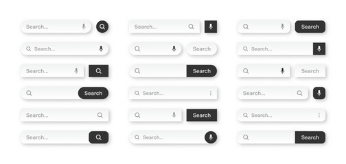 Fototapete - Various search bar templates. Internet browser engine with search box, address bar and text field. UI design, website interface element with web icons and push button. Vector illustration