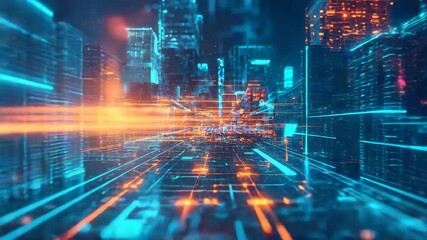 Aufkleber - A futuristic digital cityscape with glowing blue and orange lines representing data streams and technology.
