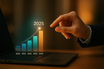 Poster - Navigating Future Growth: A forward-thinking concept of projected success. A hand interacts with a visualized growth chart, projecting financial and technological advancements toward the year 2025.