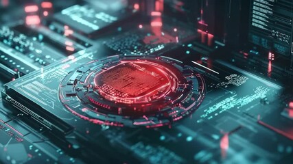Aufkleber - A glowing, futuristic microchip is embedded in an advanced electronic circuit, illuminated by vibrant red and blue lights.