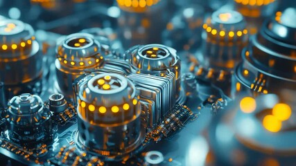 Aufkleber - A close-up view of a futuristic circuit board with glowing orange lights and sleek metallic components.