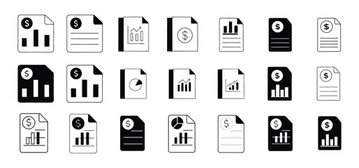 Poster - Financial report icons representing data analysis and business performance statistics in clean black and white style