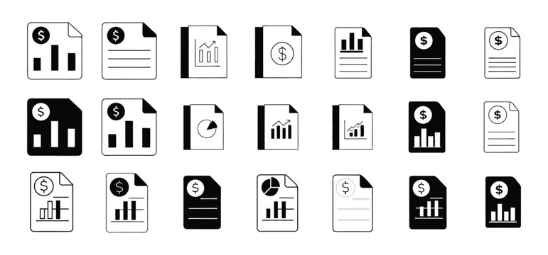 Financial report icons representing data analysis and business performance statistics in clean black and white style