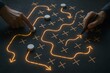 © Creative mind - Close-up of a person's hands plotting a strategic plan, visualizing a decision-making process with arrows, markers, and other visual aids