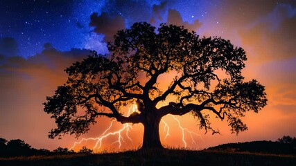 Wall Mural - Dramatic tree silhouette with lightning strikes at dusk under a starry sky