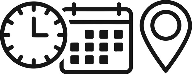 Poster - Outline Time, Calendar, and Location Icons, Simple Black and White Schedule and Map Symbols AI Generative