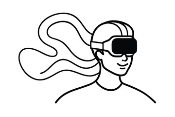Poster - Woman with flowing hair wearing vr headset line art