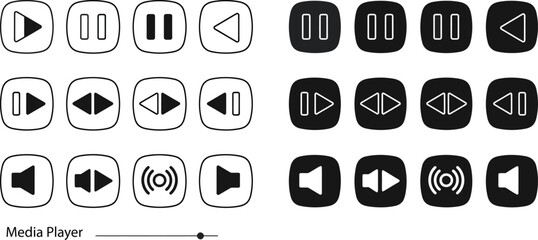 Poster -  Set of Media Player Control Icons, Outline and Solid Buttons for Playback and Volume AI Generative