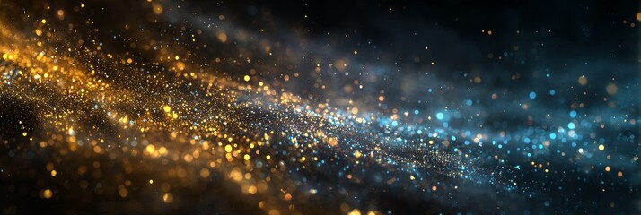 Poster - Vibrant cosmic particles create a stunning abstract scene in deep space with shimmering gold and blue hues