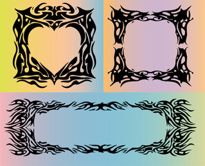 Fototapete - Vector illustration with bold cyber sigilism shapes: a rectangular frame, heart motif, and ornate border on pastel gradients. Features futuristic Y2K style, popular in current digital design.