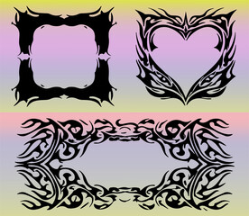 Poster - Vector illustration with three cyber sigilism/neo tribal black motifs on pastel gradients. Features bold, futuristic lines and sharp details, echoing top Y2K and cyber-aesthetic trends.