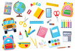 © Mayartlab - Big set of school supplies. Back to school. School bus, notebooks, books, set of colored pencils, backpack, paints, globe, stationery. Vector illustration in flat style